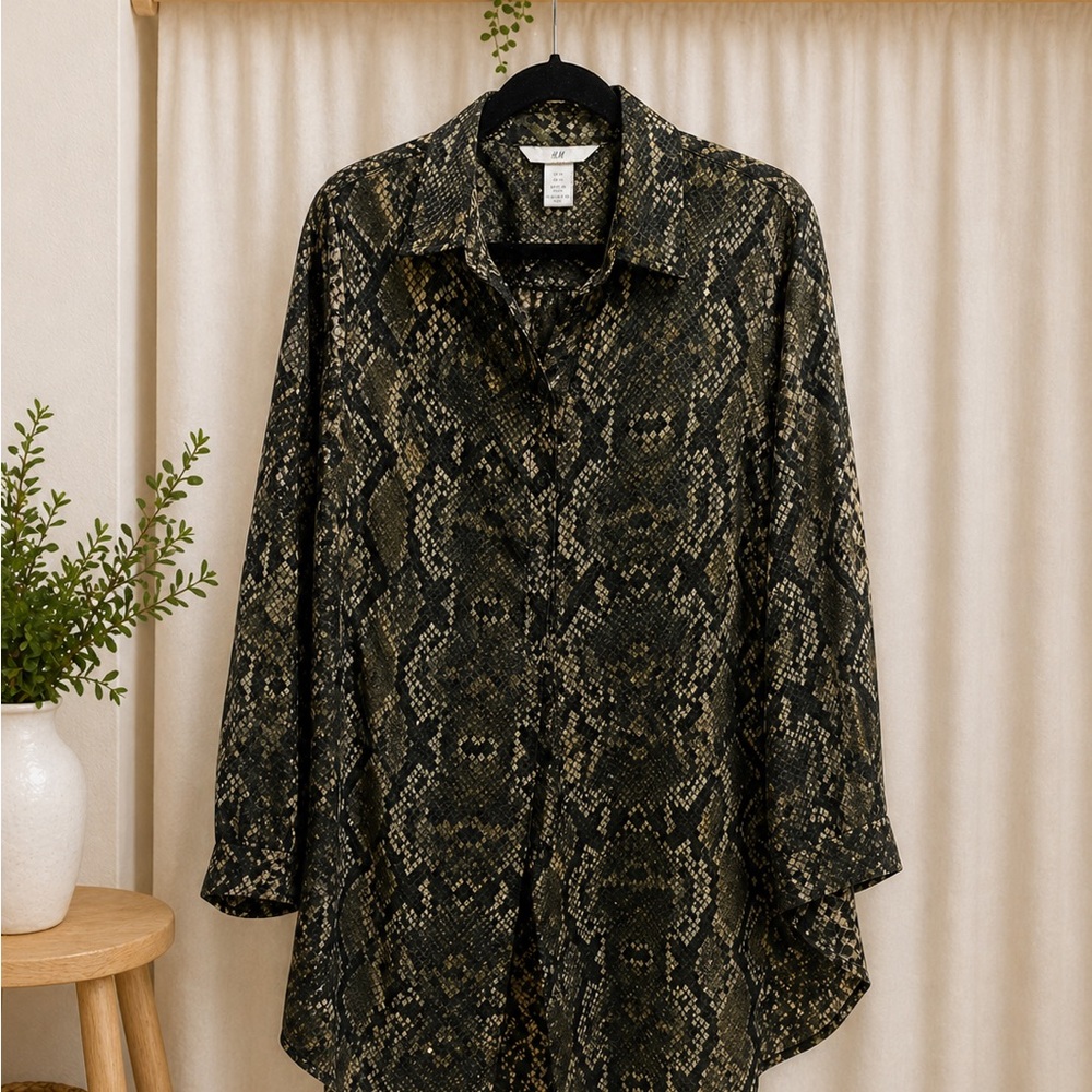 Snake Print Button-Up Shirt - Olive Black